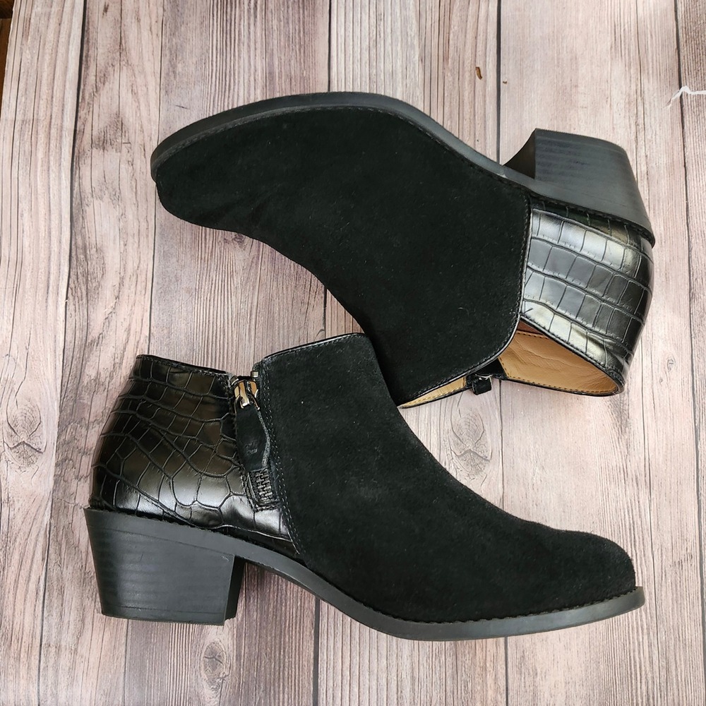 Vionic Marissa Black Suede Croc Leather Ankle Boots Womens 6.5 Wide Zip Bootie
